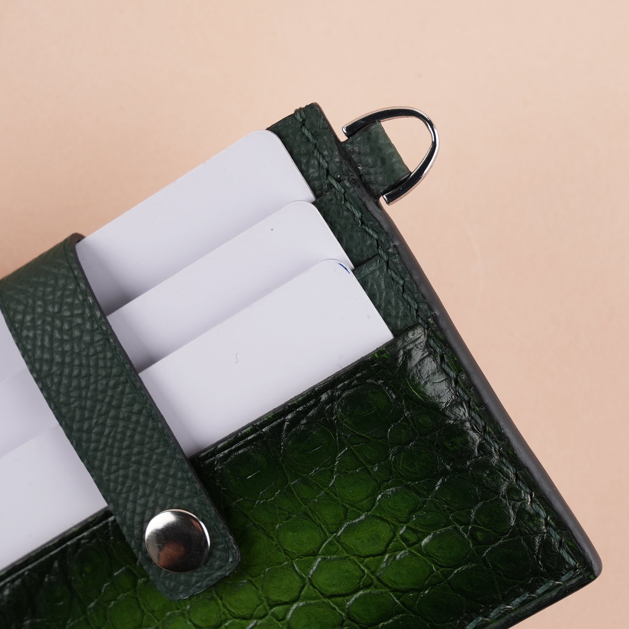 Green Alligator Leather with Push Button ID Card Holder - Patina Finish