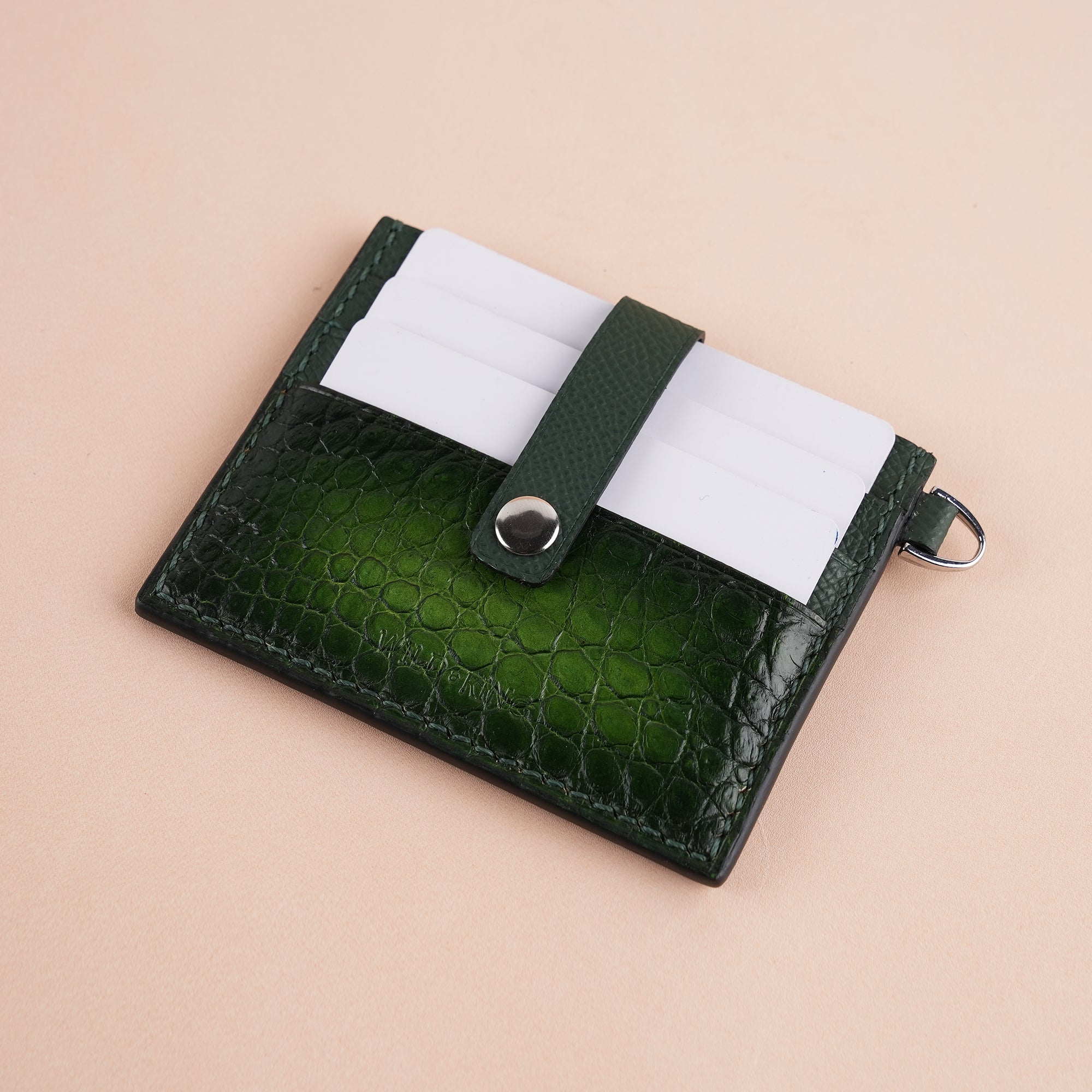Green Alligator Leather with Push Button ID Card Holder - Patina Finish