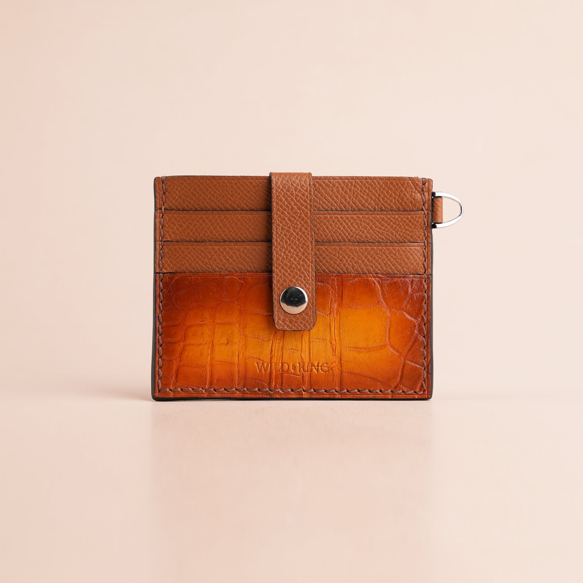 Tan Alligator Leather with Push Button ID Card Holder - Patina Finish