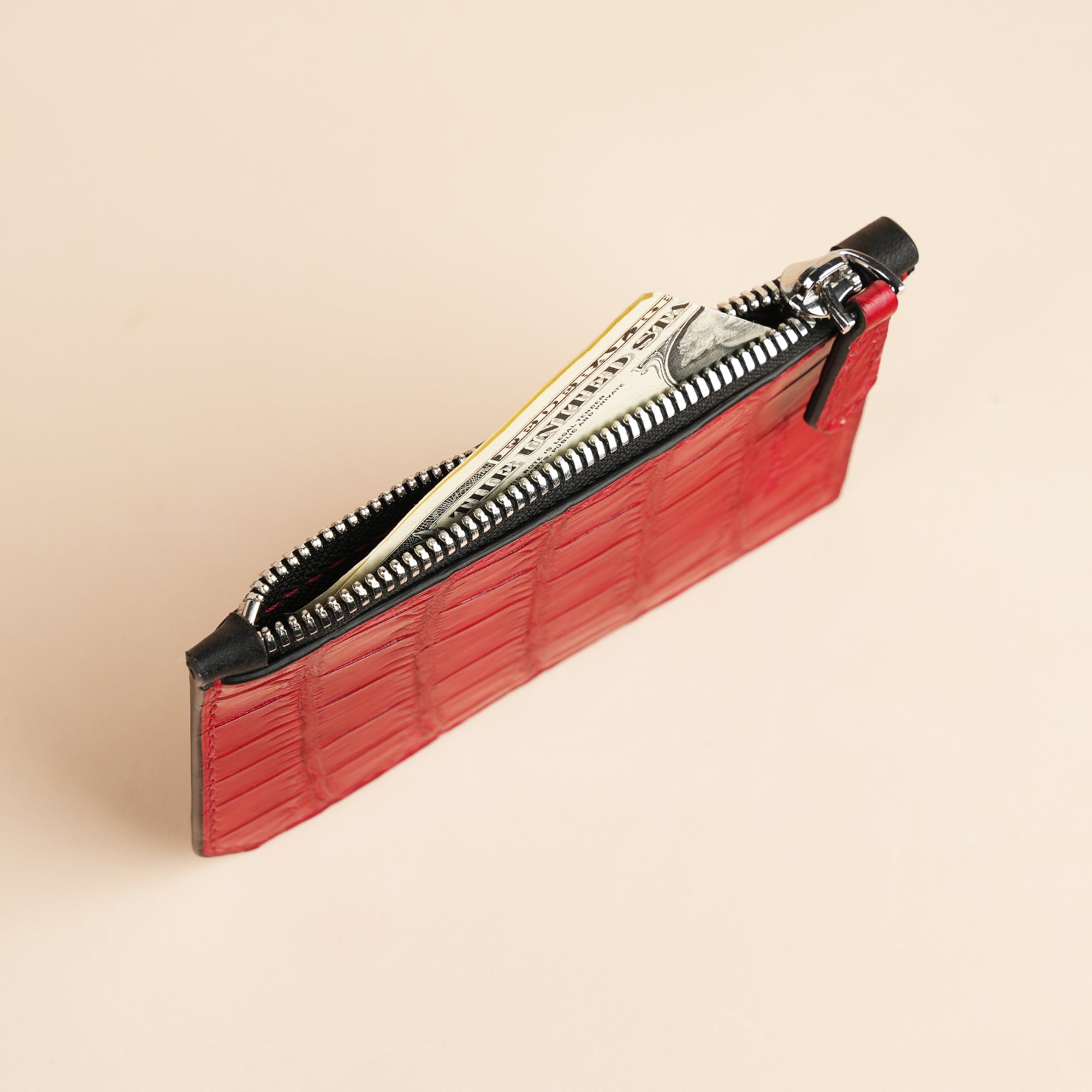 Burgundy Alligator Leather Zipper Wallet - Fox Design