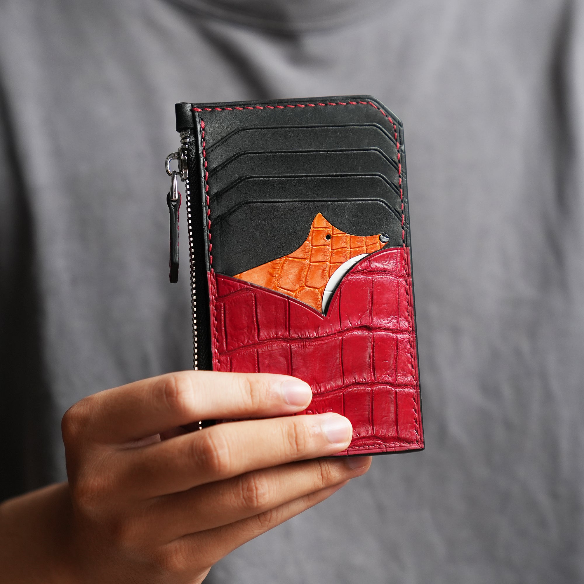 Burgundy Alligator Leather Zipper Wallet - Fox Design