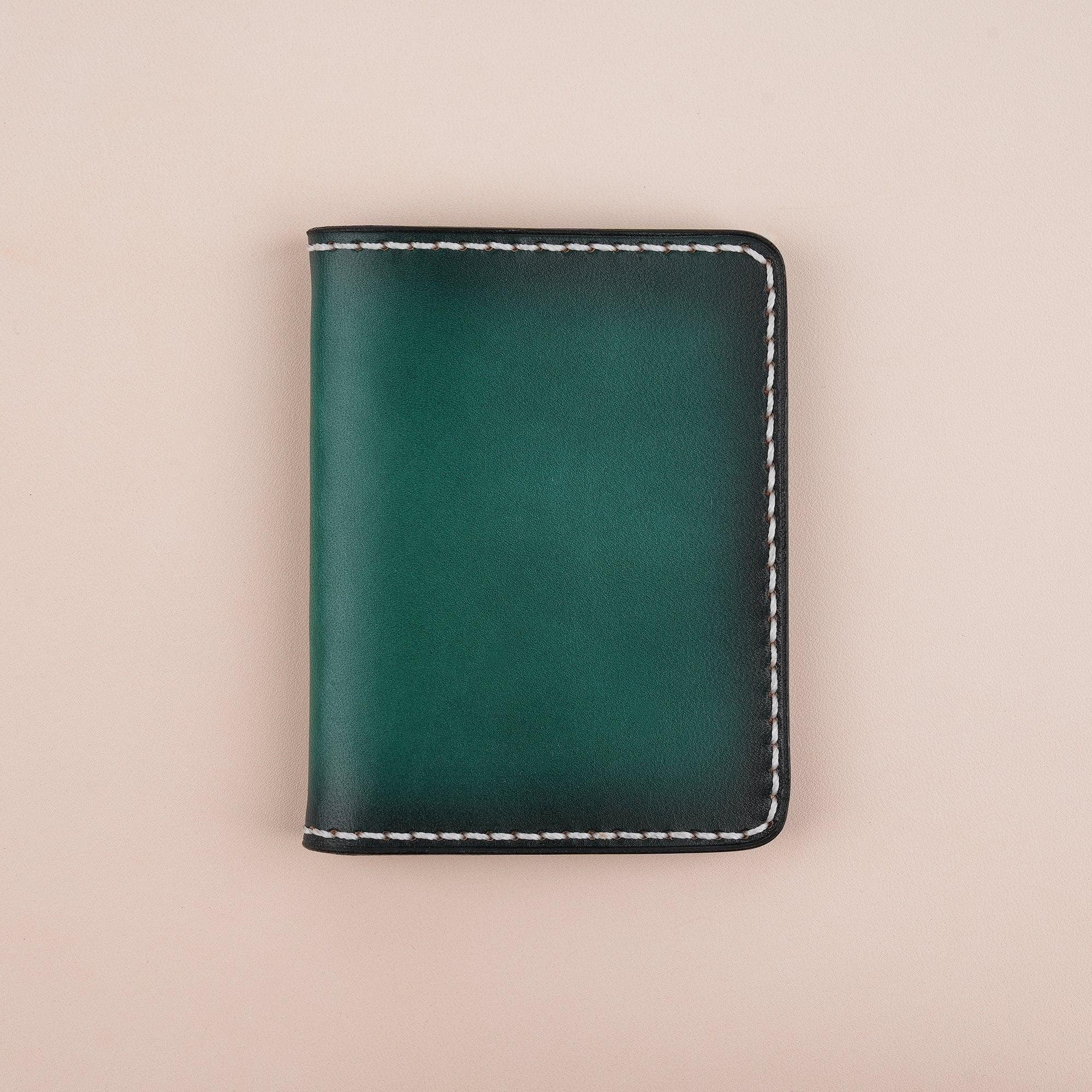 Patina Green Leather Bifold Card Wallet Minimalist - WildandKing