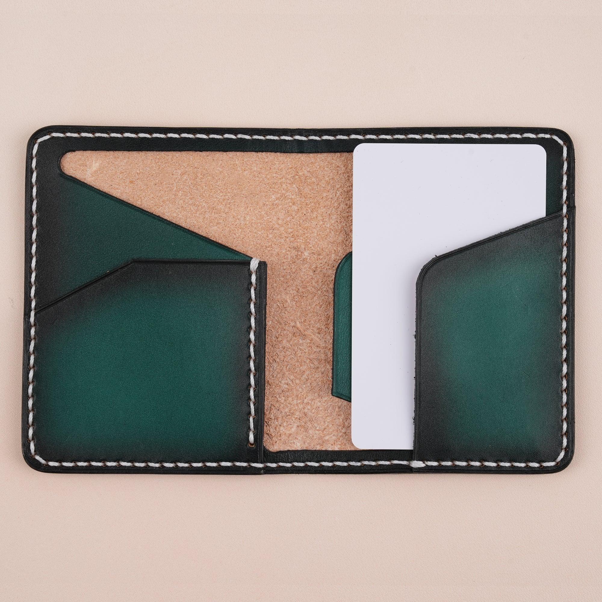 Patina Green Leather Bifold Card Wallet Minimalist - WildandKing