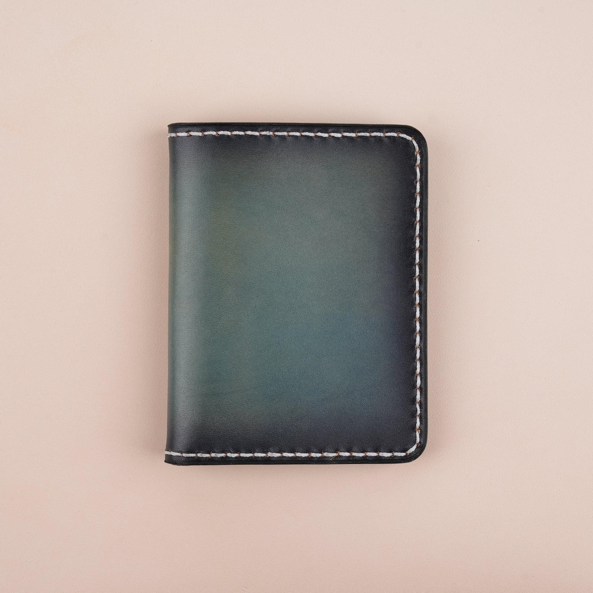 Patina Dark Greenish-Blue Leather Bifold Card Wallet Minimalist - WildandKing