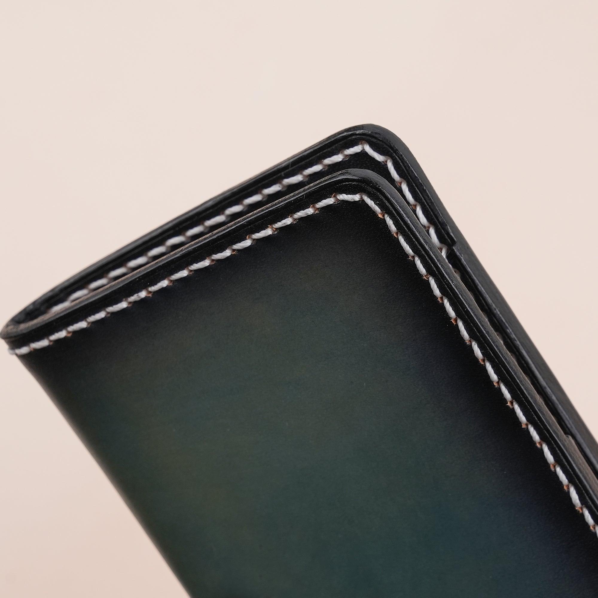 Patina Dark Greenish-Blue Leather Bifold Card Wallet Minimalist - WildandKing