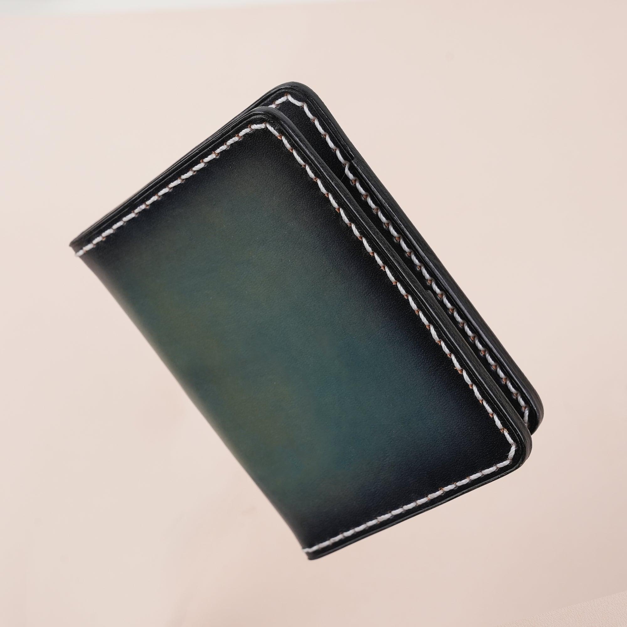 Patina Dark Greenish-Blue Leather Bifold Card Wallet Minimalist - WildandKing