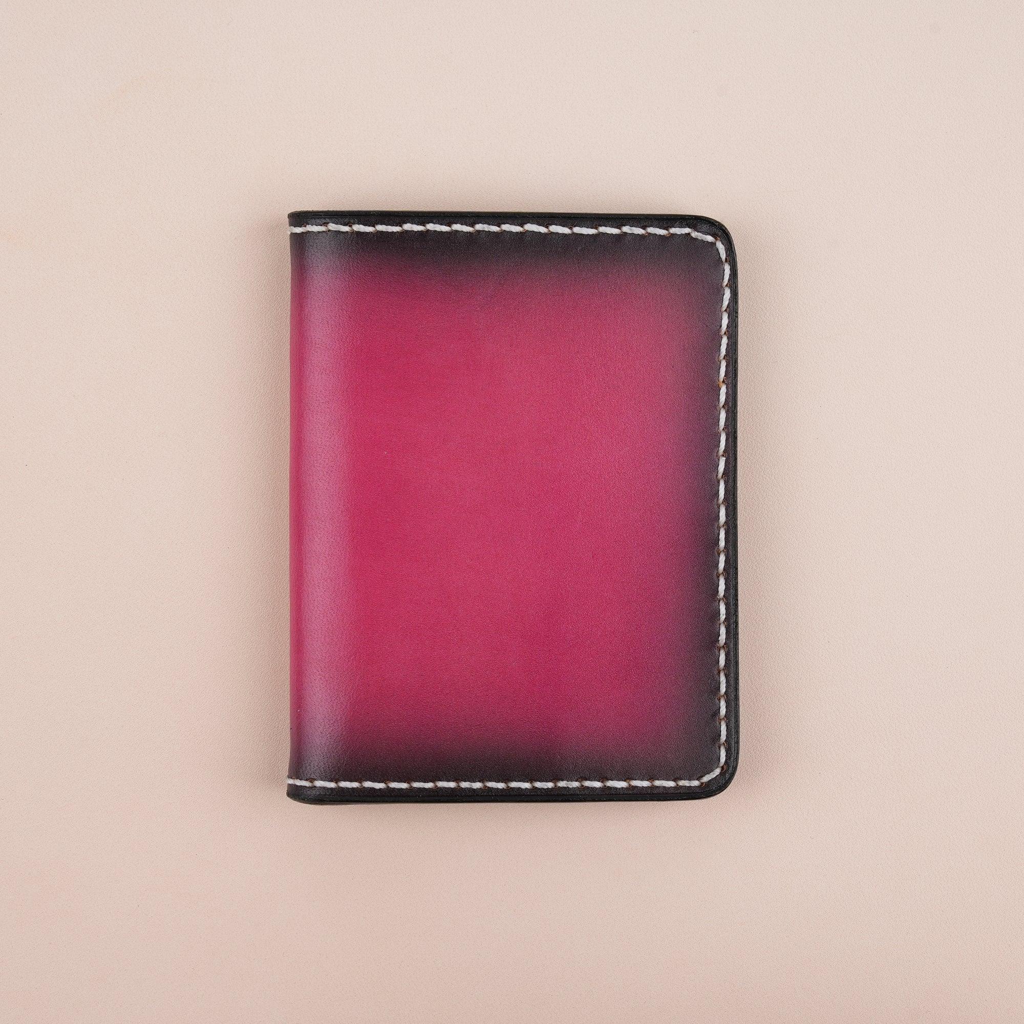 Patina Dark Pink Leather Bifold Card Wallet Minimalist - WildandKing