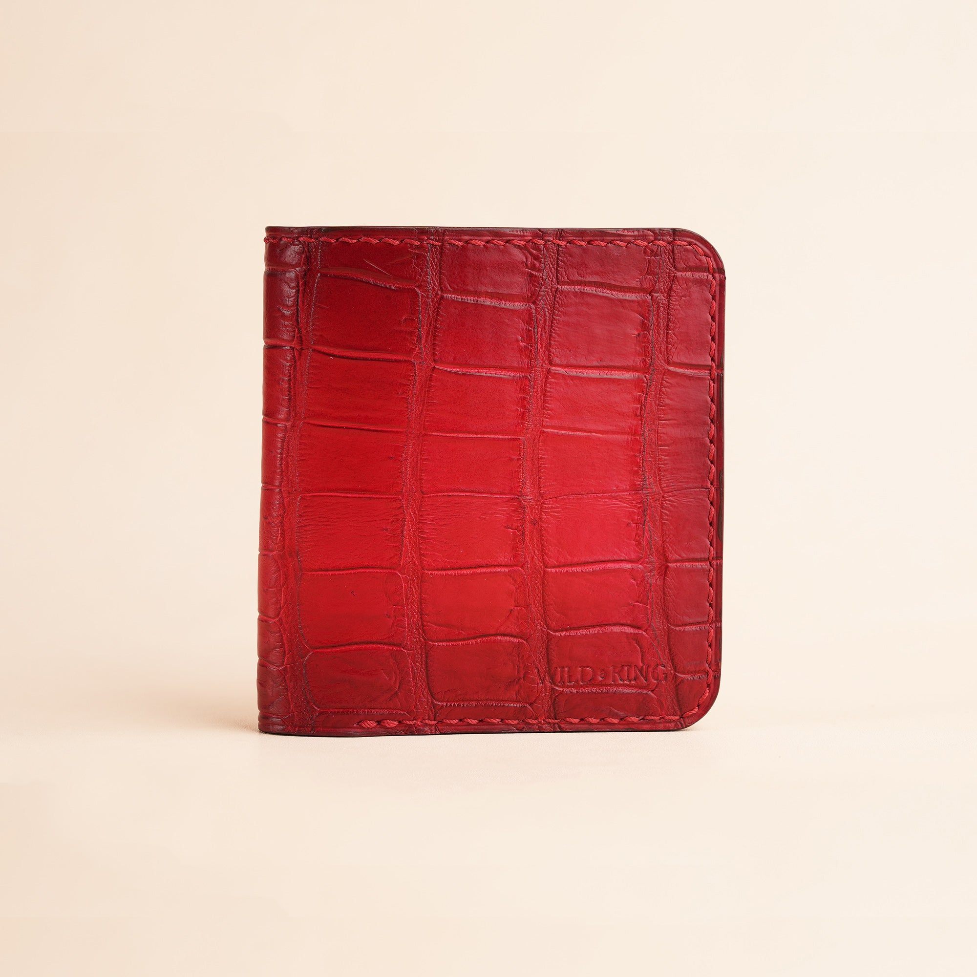 Square Shape Red Crocodile Leather Bifold Wallet - Patina Finish