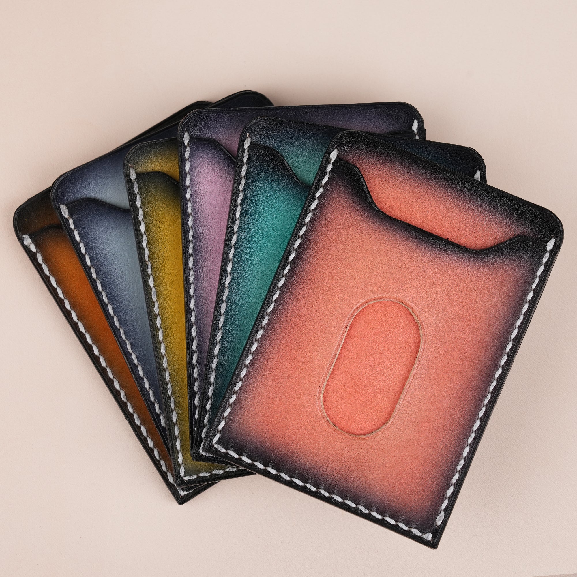 Minimalist Reddish Orange Leather Card Holder - Patina Finish