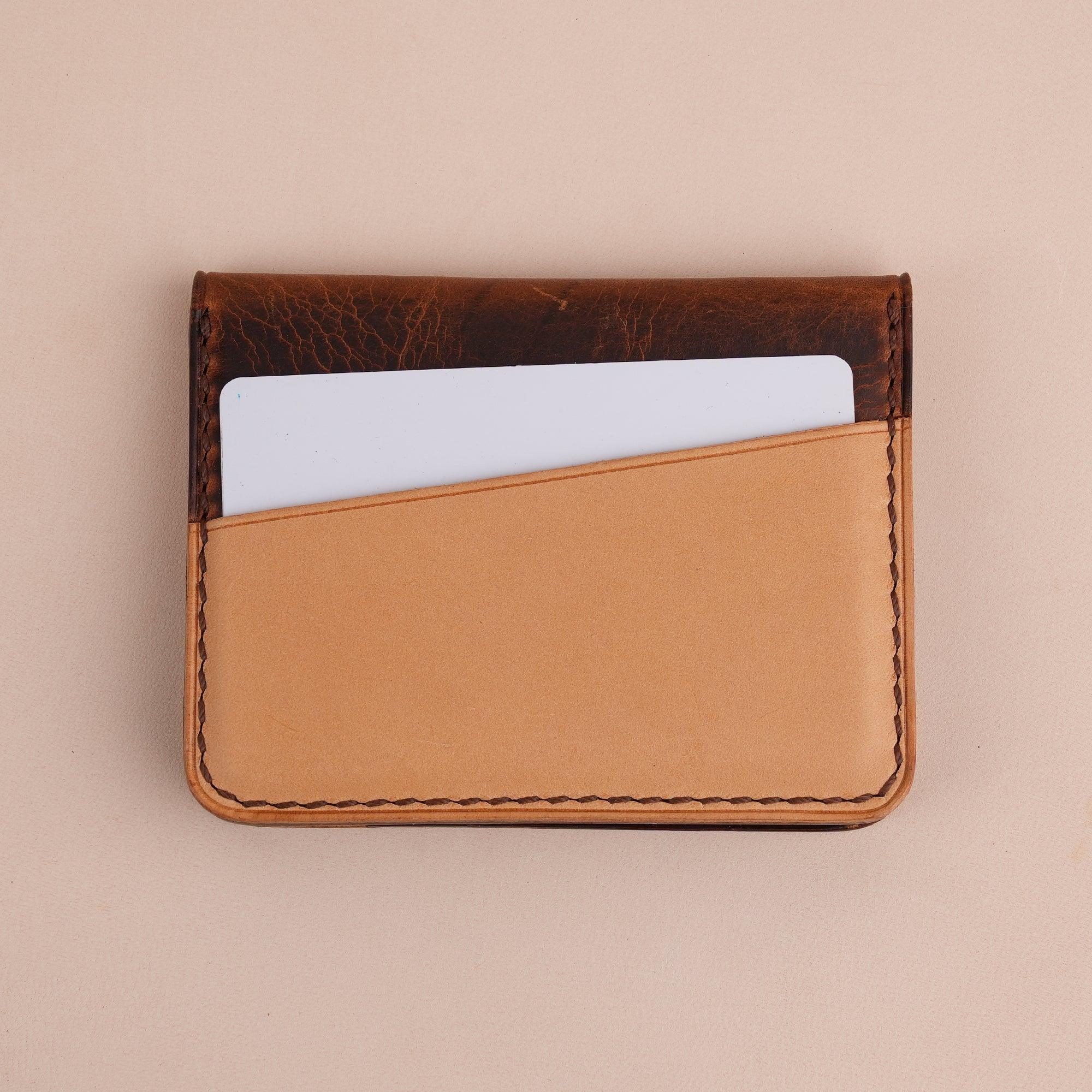 Brown Waxed Leather Bifold Card Wallet Minimalist - WildandKing