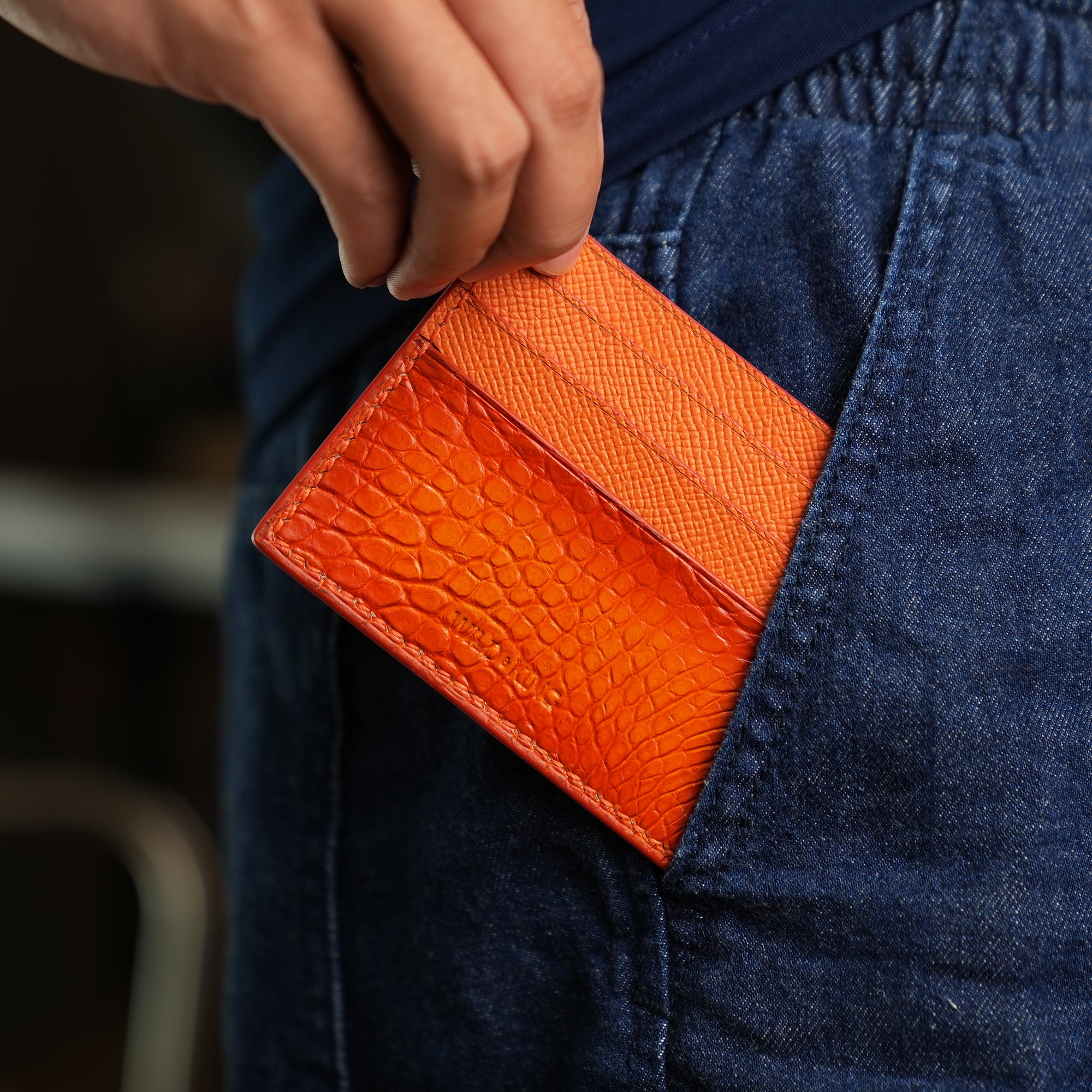Orange Alligator Leather Card Holder - Patina Finish