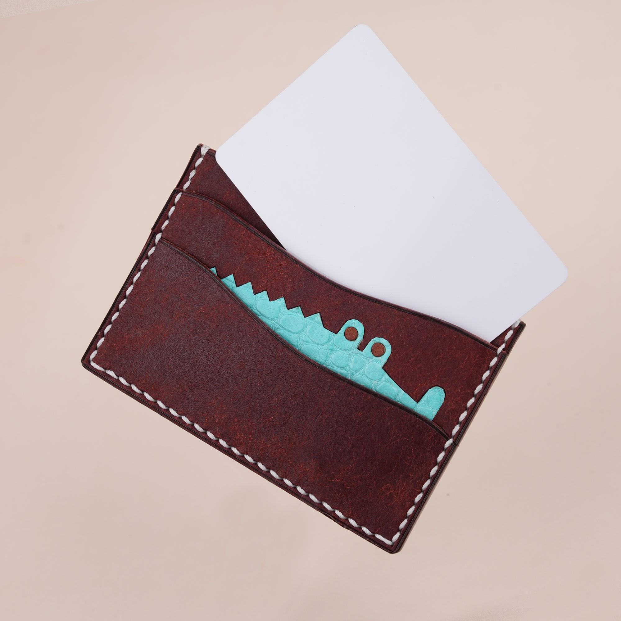 Burgundy Pueblo Leather Minimalist Card Holder Alligator Stupid - WildandKing